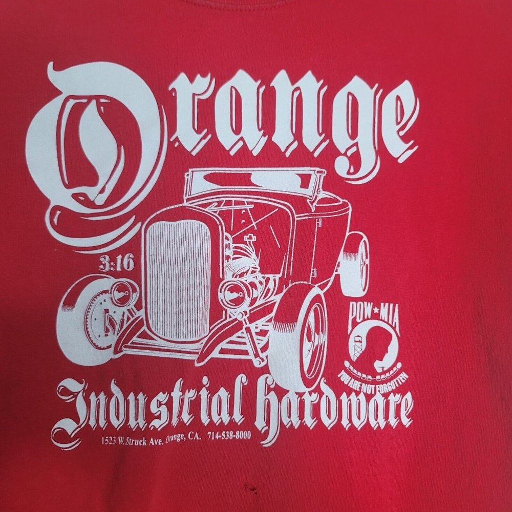 Orange Industrial Hardware T-Shirt Red Size S Hole in Body of Shirt See Photos